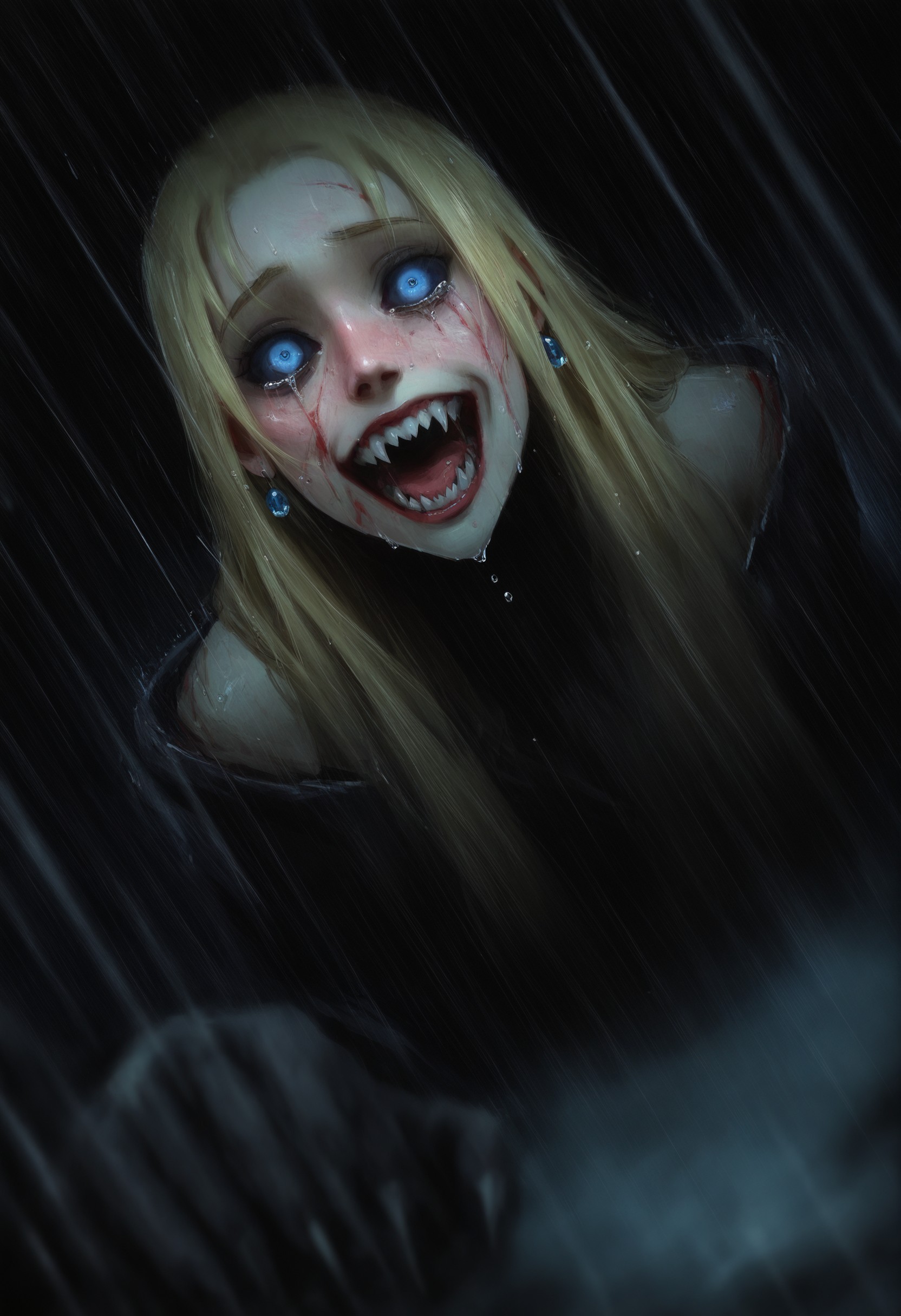 sbjy2, bad_anatomy, bad_face, 1other, blue eyes, colored sclera, black sclera, blonde hair, solo, painful, tears, raining, raindrops, motion, long hair, teeth, sharp teeth, earrings, blood, tearing, jewelry, scarred, open mouth, horror (theme), blood on face, looking at viewer, dynamic dutch angle, blurred foreground, depth of field, foreshortening, claws, sharp fingernails, detailed lighting, masterpiece, best quality, incredibly absurdres, amazing quality, very aesthetic, 4k, official art, , <lora:1f9ed643-777c-46d2-9041-2f7d6f769769:0.9>