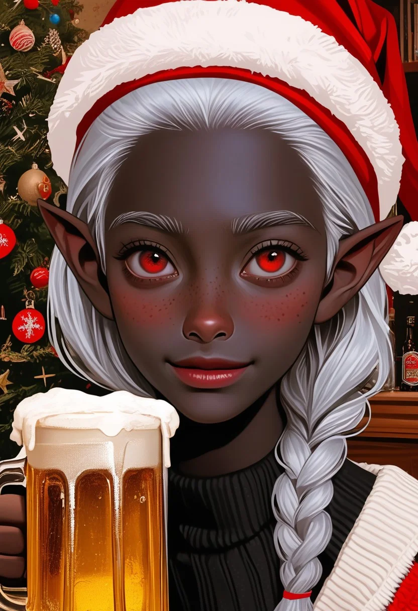 score_9,score_8_up,score_7_up, highly detailed figure, photo background, the real background,
ebony black skinned woman, scandinavian features, cute nose,
black skin,
silver hair, pointy ears, big red eyes, one long braid,
santa clause attire, santa clause hat, beer, drunk,
freckles,
OverallDetail,
realistic, masterpiece,