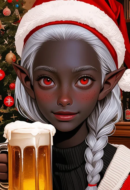 score_9,score_8_up,score_7_up, highly detailed figure, photo background, the real background,
ebony black skinned woman, scandinavian features, cute nose,
black skin,
silver hair, pointy ears, big red eyes, one long braid,
santa clause attire, santa clause hat, beer, drunk,
freckles,
OverallDetail,
realistic, masterpiece,