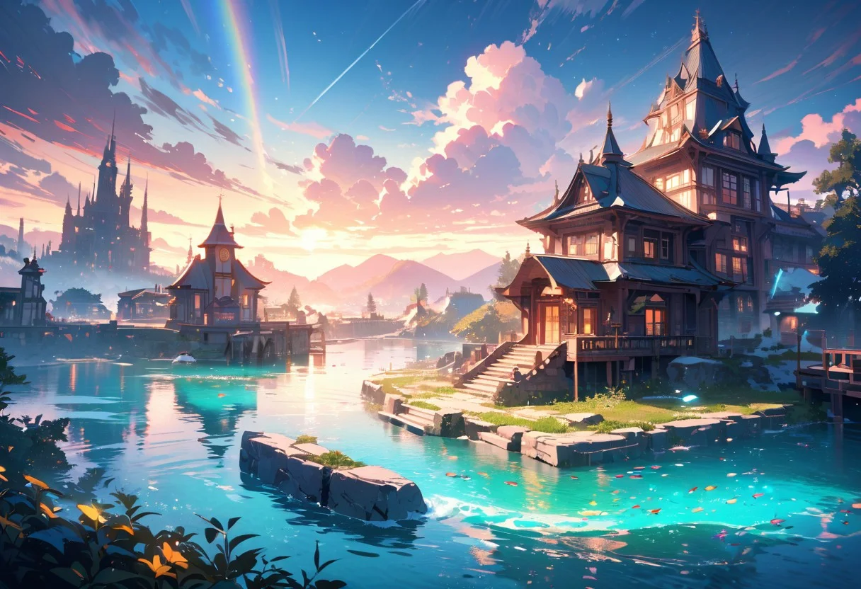 Best quality, masterpiece, 8k, high detalized, 
an ancient half-ruined city is gradually flooded by the waters of a warm shallow sea, transparent turquoise water, small waves with snow-white crests, schools of tiny multi-colored fish swim between the flooded stone buildings. The sun's rays penetrate the water and refract into rainbow sparkles. 
meticulous, intricate, entangled, intricately detailed