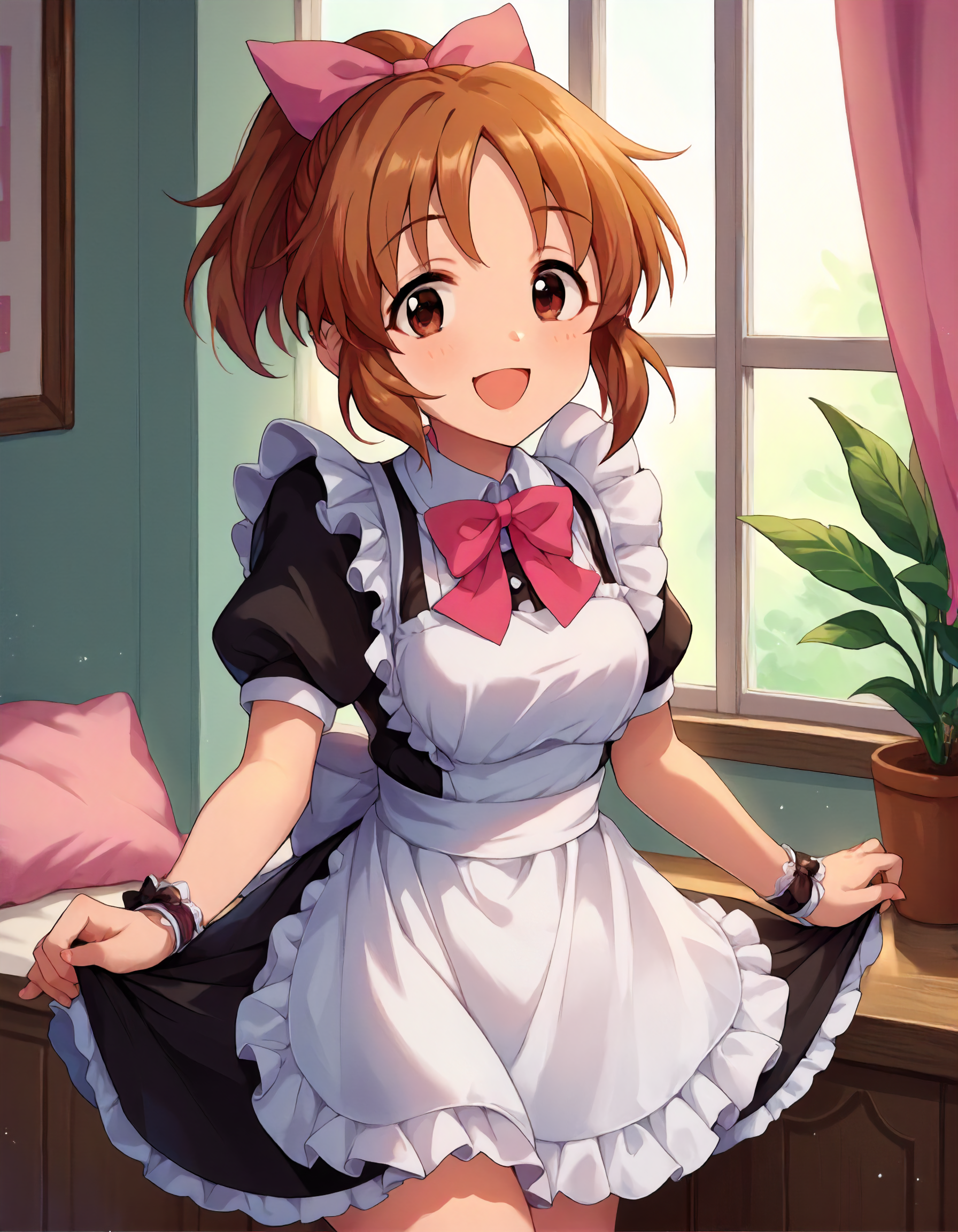 score_9,score_8_up,score_7_up,1girl,solo,cowboy shot,looking at viewer,smile,open mouth,indoors,
<lora:abenana_ponyXLV6:0.8>,cgabnn,
brown hair,ponytail,brown eyes,
hair bow,pink bow,maid apron