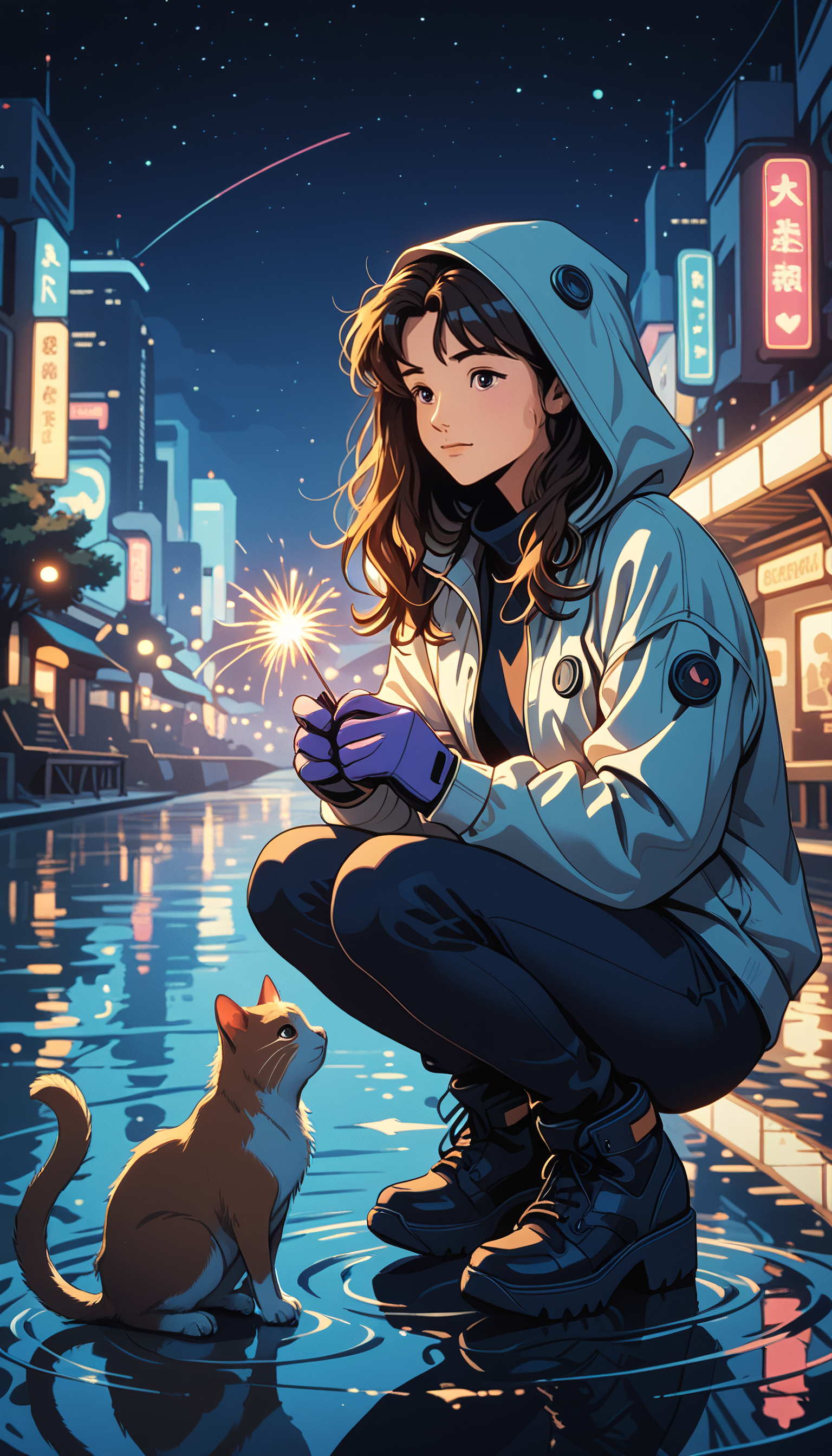 masterpiece, Shinkaistyle,
pinkretroanime, retro art,
Cyberpunk Style, cyberpunk, science fiction, hi tech, future tech, neon, (Cybernetics:1.25), (Neon Cityscape:1.4), (lineless:1.5), smooth edges, (lighten the face:1.5), tall body, slender body, fit body, long legs, The image depicts a serene and heartwarming scene in a digital art style. At the center, there's a young girl with dark hair and a hooded sweatshirt, kneeling on what appears to be a wooden dock or platform. She has a gentle smile and is holding a small orange cat. The cat seems calm as it holds a white flower in its paws. The girl has her eyes closed and is gently releasing the flower into the air, creating a trail of sparkling lights that follow the trajectory of the petal. The background features a tranquil body of water with gentle ripples reflecting the soft glow of the scene. In the distance, there's an illuminated forest with trees and foliage softly lit by what appears to be fireflies or lanterns. The lighting in the image creates a warm, ethereal atmosphere, with soft glow effects around the girl and the cat, enhancing the magical feel of the moment. The overall mood of the image is one of innocence, tranquility, and the simple joys of childhood and nature. The colors are soft and pastel, with a predominance of cool blues, greens, and purples contrasted by the warm oranges and yellows emanating from the girl and cat. There's no text present in the image., 1girl, solo, long hair, blush, smile, bangs, skirt, brown hair, gloves, long sleeves, holding, brown eyes, closed mouth, jacket, full body, flower, boots, outdoors, sky, shoes, pants, tears, hood, water, blurry, looking at another, black eyes, coat, hoodie, night, depth of field, blurry background, glowing, animal, wavy hair, looking down, squatting, cat, white jacket, child, night sky, hooded jacket, light particles, hood up, backlighting, reflection, holding flower, female child, mittens, light, dark, sad, fireworks, ripples, bokeh, lake, lights, pond, fireflies, looking at animal, reflective water, sparkler
