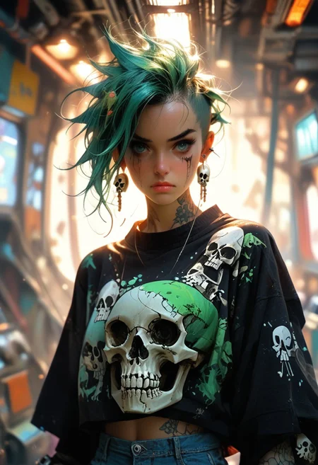 Score_9, score_8_up, score_7_up, score_6_up, a single misplaced and shot with an eos-1d x mark iii, awe-  Jeans Blue and Light Mint Green,  girl swirling magical fairytale abstract artstation style, Skull tattoos, Full skull arm tattoos,  atompunk, raypunk, 1900s , epiCPhoto,  square spaceship , digital artwork by Beksinski, vibrant colors, epiCPhoto,  wander through the dust  panoramic,  from a 1950's science fiction movie, full shot, dramatic mood, serene atmosphere, cinematic lighting,