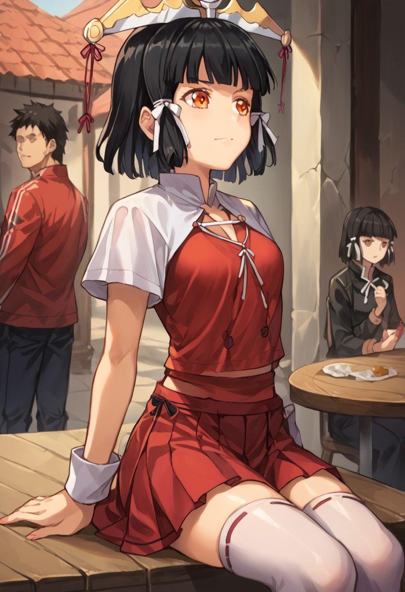 score_9, score_8_up, score_7_up, source_anime,
kuroinukaguya, <lora:kuroinu-kaguya-ova-ponyxl-lora-nochekaiser:1>,
kaguya, black hair, orange eyes, hime cut, short hair,
thighhighs,     pleated skirt, red pants, puffy sleeves, red coat, 1girl, solo, Pink hair, outdoors, cafe, light smile, sitting,(((lustrous skin:1.5,bright skin: 1.5,skin,shiny skin,very shiny skin,shiny body,plastic glitter skin,exaggerated shiny skin,illuminated skin))),(detailed body,(detailed face)),