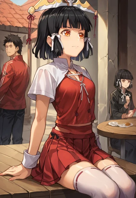 score_9, score_8_up, score_7_up, source_anime,
kuroinukaguya, <lora:kuroinu-kaguya-ova-ponyxl-lora-nochekaiser:1>,
kaguya, black hair, orange eyes, hime cut, short hair,
thighhighs, pleated skirt, red pants, puffy sleeves, red coat, 1girl, solo, Pink hair, outdoors, cafe, light smile, sitting,(((lustrous skin:1.5,bright skin: 1.5,skin,shiny skin,very shiny skin,shiny body,plastic glitter skin,exaggerated shiny skin,illuminated skin))),(detailed body,(detailed face)),