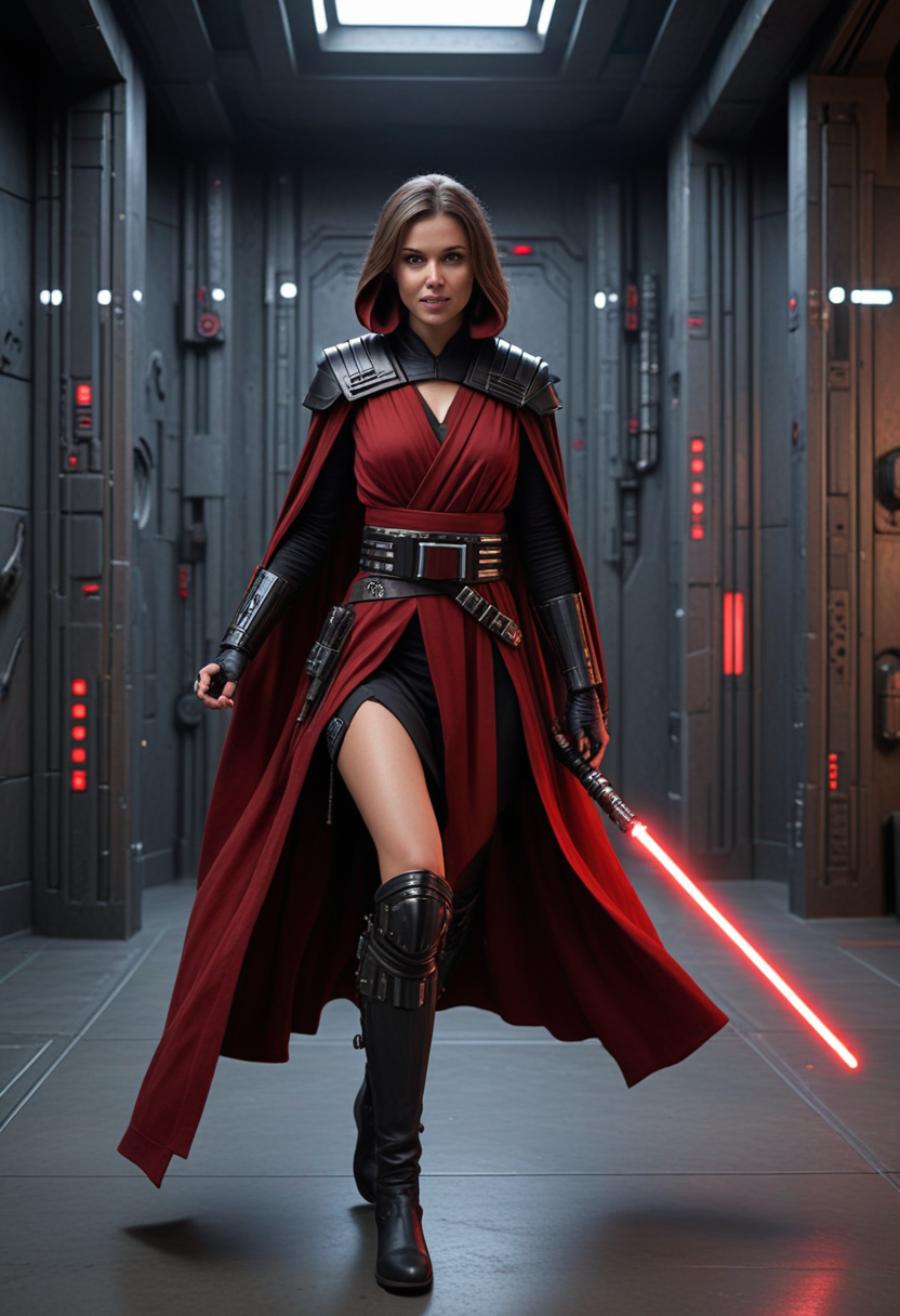(medium full shot) of (terrifying sith lord) young female, human, tan skin, blue eyes, brown hair,           wearing a armored Sith robe, crimson silk tunic, ornate Sith belt, dark combat boots, tattered black cloak, holding red-bladed lightsaber, laughing, jumping in the air, set in  Sith Academy, Enclosed training area with reinforced steel walls, a smooth stone floor marked with combat circles, padded benches along the perimeter, a weapon rack filled with training gear, a tall cabinet storing practice droids , at twilight, star wars universe, Masterpiece,best quality, photorealistic, amazing quality, very aesthetic, extremely detailed face,
