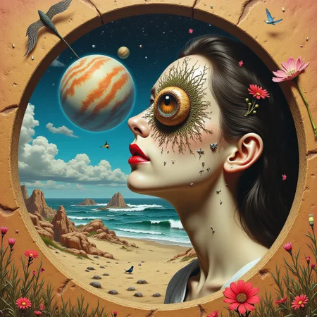 A surreal collage of a woman with a large, round eye looking out from a desert landscape, with a circular window revealing a stormy sea and a planet in the background. The woman's face is half-shadowed and turning into vegetation, with a red lip and a dreamy expression. The scene is a mix of realistic and dreamlike elements, with a sense of mystery,jitostyle