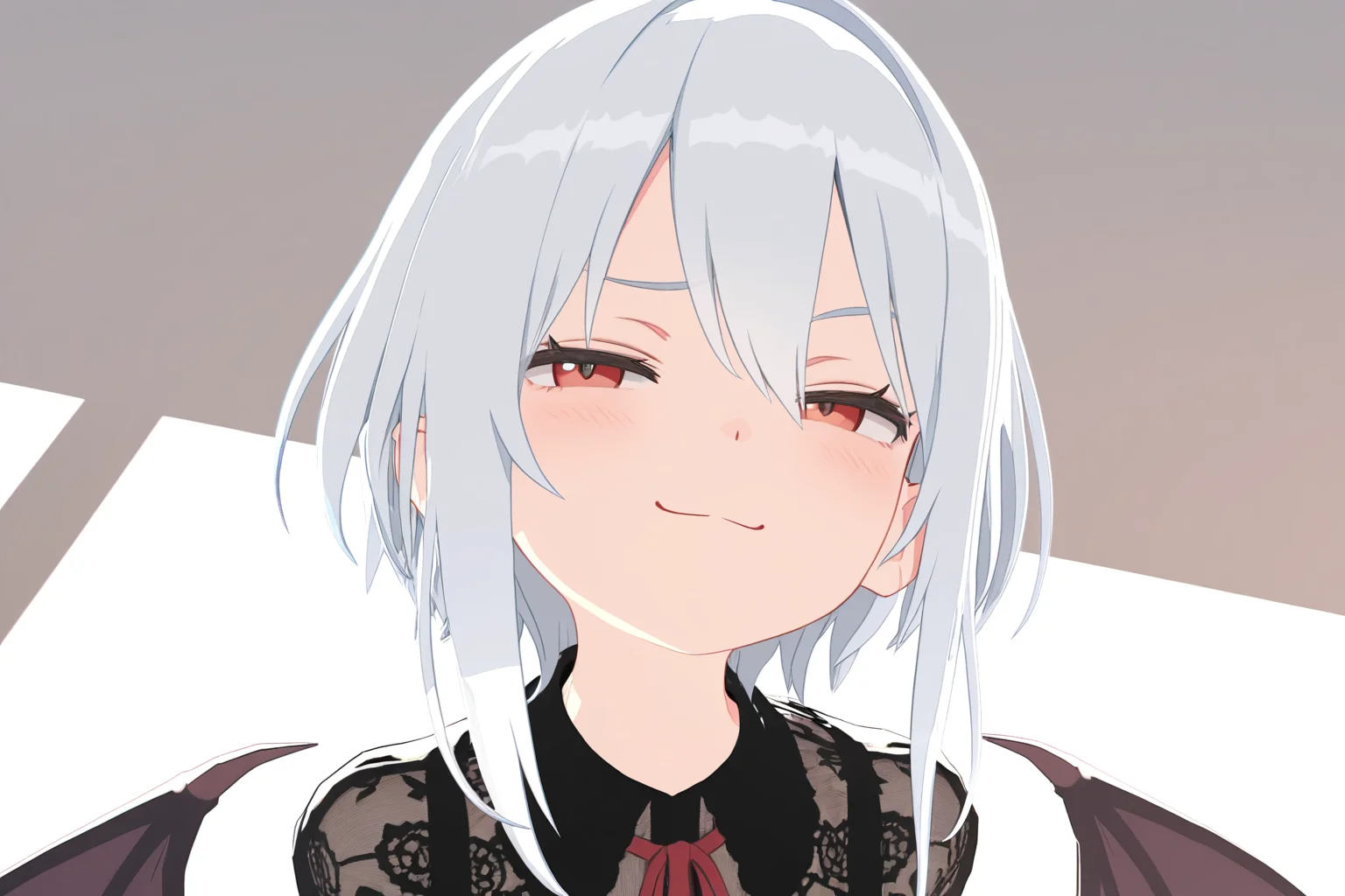 masterpiece, extremely detailed, high resolution, high-definition, 8k, 3d, red eyes, white hair, smug, smile, black dress, bat wings, <lora:3dvector-artstyle-000030:0.6>