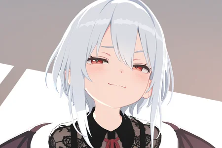 masterpiece, extremely detailed, high resolution, high-definition, 8k, 3d, red eyes, white hair, smug, smile, black dress, bat wings, <lora:3dvector-artstyle-000030:0.6>
