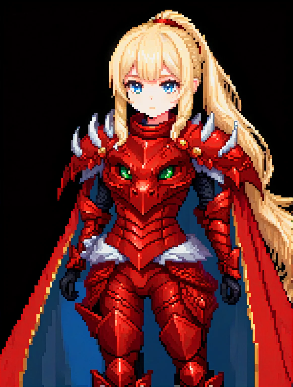 masterpiece,
pixelated, pixelart,
<lora:mihaela.sdxl.v1:0.4> mihaela, standing, red armor, black cape, shoulder spikes, dragon armor, looking at viewer, facing viewer, ponytail, braid, closed mouth, 1girl, solo, black background, cowboy shot
1girl,solo,