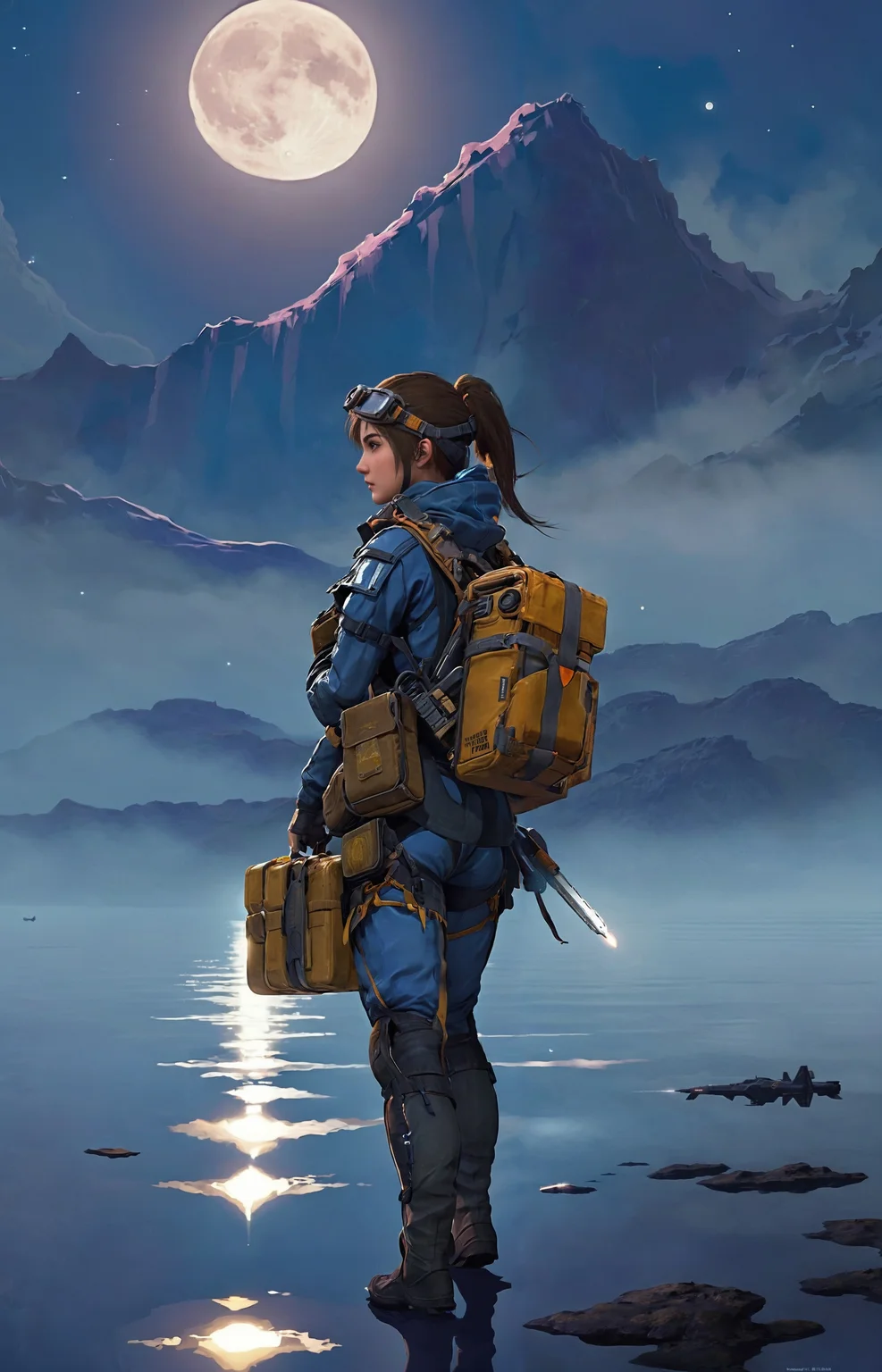 a lovely fascinated girl carries a sizable cargo while wielding a firearm, encapsulating the game's unique blend of isolation and combat., a vast, A moonlit lake, with fog rolling over the water and mysterious shapes beneath the surface sky ,moon just appeared ,Command base in background, a girl wearing with armor,weapon, headgear,motocycle bpk, backpacker, <lora:BPKXLV1-000003:0.8>