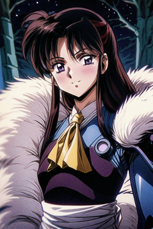 best quality 1girl Setsun4 solo long hair,  (night time) forest background black hair very long hair purple eyes multicolored hair armor, small, (fur trim) (medium body),<lora:EMS-179-EMS:0.800000>,<lora:EMS-293862-EMS:0.800000> bow, hair_bow, hair_tubes, red_bow, brown_hair, long_hair, bangs, ascot, frilled_bow, yellow_ascot, blush, smile, hair_between_eyes, athletic, armor, miko,  Smiling, happy,