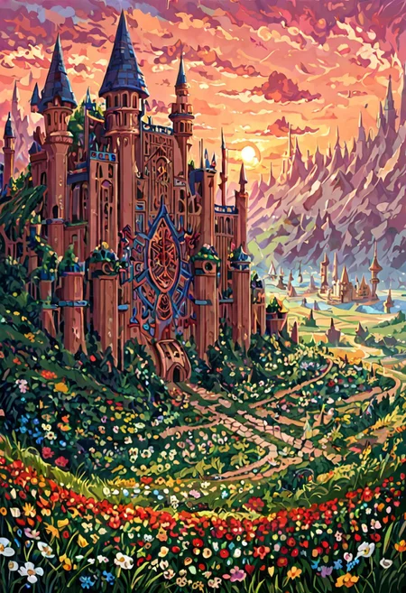 matchcraft floating island,((castle)),ruanyi0956, labyrinth, ((labyrinths)),labyrinth multicolor, grass,flower field,lalangheej, flores rainbow, flowers multicolor, rainbow ,outdoors,sunset,score_9,score_8_up