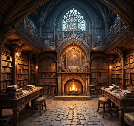 RAW photo, (masterpiece:1.3), subsurface scattering, heavy shadow, (high quality:1.4), (intricate, high detail:1.2), professional photography, HDR, High Dynamic Range, realistic, ultra realistic, photorealistic, high resolution, film photography, ambient lighting, atmospheric effects, <lora:detail_slider_v4:2>, OverallDetail, <lora:Fantasy_Interior:0.8>, a medieval magical library, candles, shelves, books, fireplace, faninter, epiCPhoto