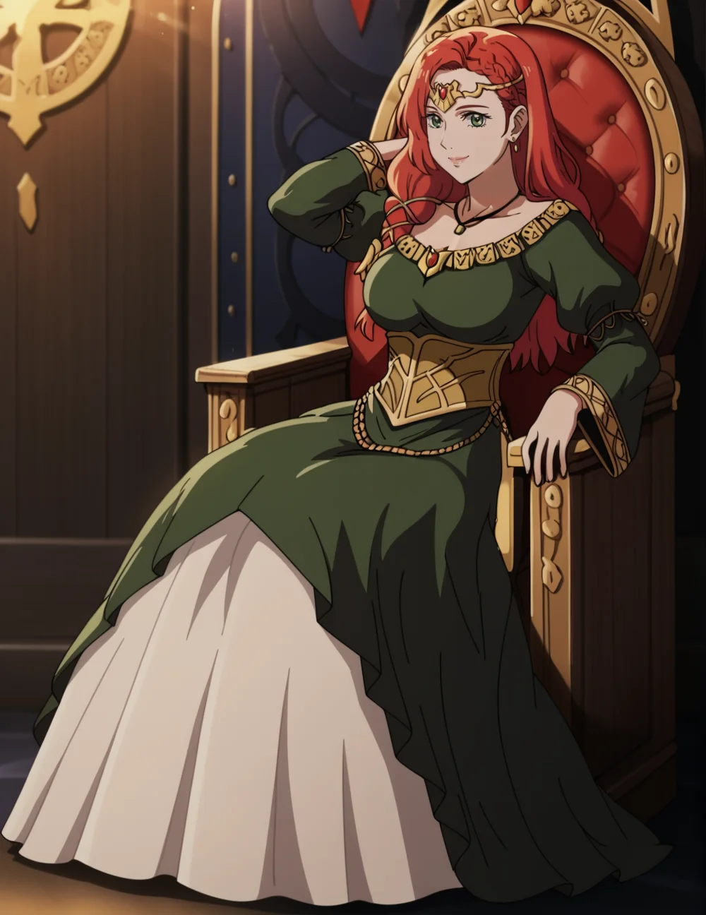 2d, source_anime, BREAK, 1girl, solo, <lora:HeraHammerhand:0.85> HeraHammerhand, red hair, long hair, braid, green eyes, green dress, long dress, side slit, gold waist ring, gold hip chain, puffy sleeves, long sleeves, necklace, earrings, circlet, little smile, full body shot, closed mouth, looking at viewer, indoors, depth of field, realistic background, detailed background, big dark throne hall, bokeh, blurry background, in dark throne hall, sitting on throne, dark scenery, mood lighting, breasts, hand behind head, four fingers,