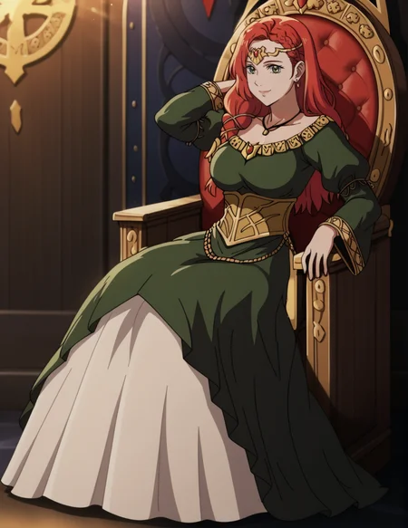 2d, source_anime, BREAK, 1girl, solo, <lora:HeraHammerhand:0.85> HeraHammerhand, red hair, long hair, braid, green eyes, green dress, long dress, side slit, gold waist ring, gold hip chain, puffy sleeves, long sleeves, necklace, earrings, circlet, little smile, full body shot, closed mouth, looking at viewer, indoors, depth of field, realistic background, detailed background, big dark throne hall, bokeh, blurry background, in dark throne hall, sitting on throne, dark scenery, mood lighting, breasts, hand behind head, four fingers,