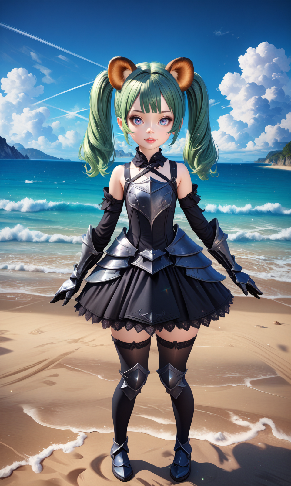 solo, elinxl, green hair, raccoon ears, twintails, 
dress, detached sleeves, gothic style, thighhighs, armored dress, armored gloves, 
looking at viewer, straight-on, 
outdoors, beach, sand, ocean, cloud, contrail, 
detailed background, 
colorful, drop shadow, light particles, 
masterpiece, best quality, very aesthetic, absurdres, 
<lora:Elin_XL:1>