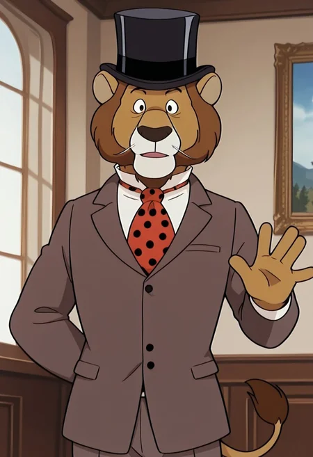 score_9, score_8_up, score_7_up, score_6_up, score_5_up, score_4_up, solo, 1boys, detailed background, detailed face, red polka dot tie, aristocrat, anime, furry, Willy Fog, lion, lion tail, brown-haired, 2d, white shirt, moustache, anthro, gray jacket, cylindrical hat, brown body, gray trousers, slender, intelligent