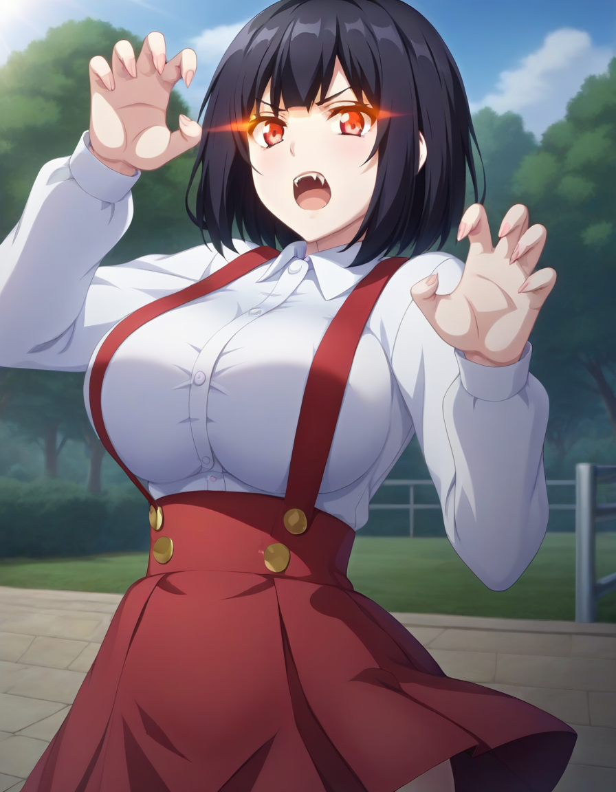 score_9,score_8_up,score_7_up,score_6_up BREAK official art,solo,outdoors,upper body,(portrait:1.5),looking at viewer,facing viewer,angry,frown,pale skin,Hiraki Hanako,short hair,black hair,bangs,glowing eyes,red eyes,open mouth,fangs,school uniform,collared shirt,white shirt,long sleeves,claw pose,large breasts,high-waist skirt,suspenders,red skirt,thick thighs,white socks,loafers,<lora:Hiraki Hanako(th vs se)-Pony:1.3>,<lora:Smooth Anime Style LoRA XL:0.8>,