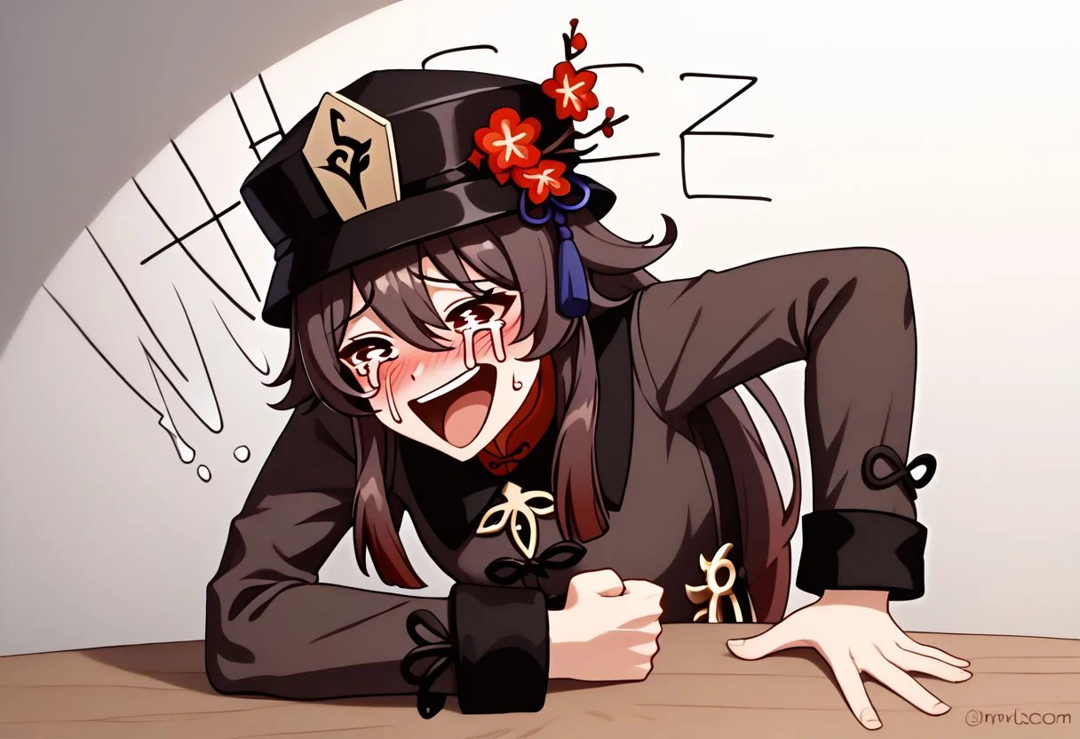 Wheeze, open mouth, tears, laughing, HuTao_DskFll, 1girl, solo, long hair, blush, brown hair, long sleeves, hat, hair between eyes, tears, black headwear, crying, meme, hu tao (genshin impact), hand on table, english text, clenched hand, indoors BREAK PonyXLV6_Scores