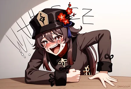 Wheeze, open mouth, tears, laughing, HuTao_DskFll, 1girl, solo, long hair, blush, brown hair, long sleeves, hat, hair between eyes, tears, black headwear, crying, meme, hu tao (genshin impact), hand on table, english text, clenched hand, indoors BREAK PonyXLV6_Scores