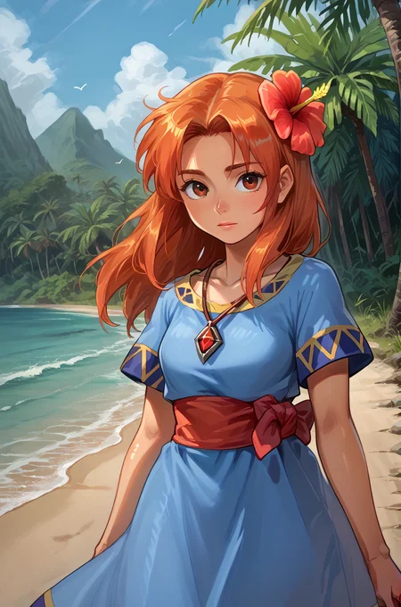 1girl, solo, outdoors,
<lora:ZeldaMarinComission_Character:0.8> MarinXLP, hair ornament, pendant, hibiscus, blue dress, red sash, orange hair,, , score_9, score_8_up, score_7_up, source anime, (shiny skin:1.20),