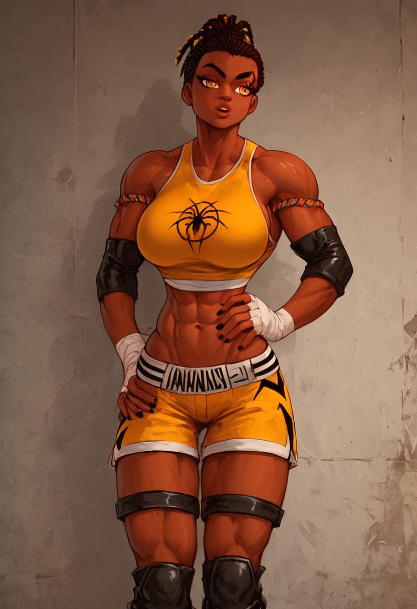 score_9, score_8_up, score_8, score_9_up, DonMC0m1cM4g1cXL, 1girl, solo, Nora Césaire, dark-skinned, amber eye, dreadlocks, braids, ponytail, tank top, shorts, lagging, knee-length black boots, mma gears, hyper muscular, slim waist, wide hips, large breasts, pose, strong