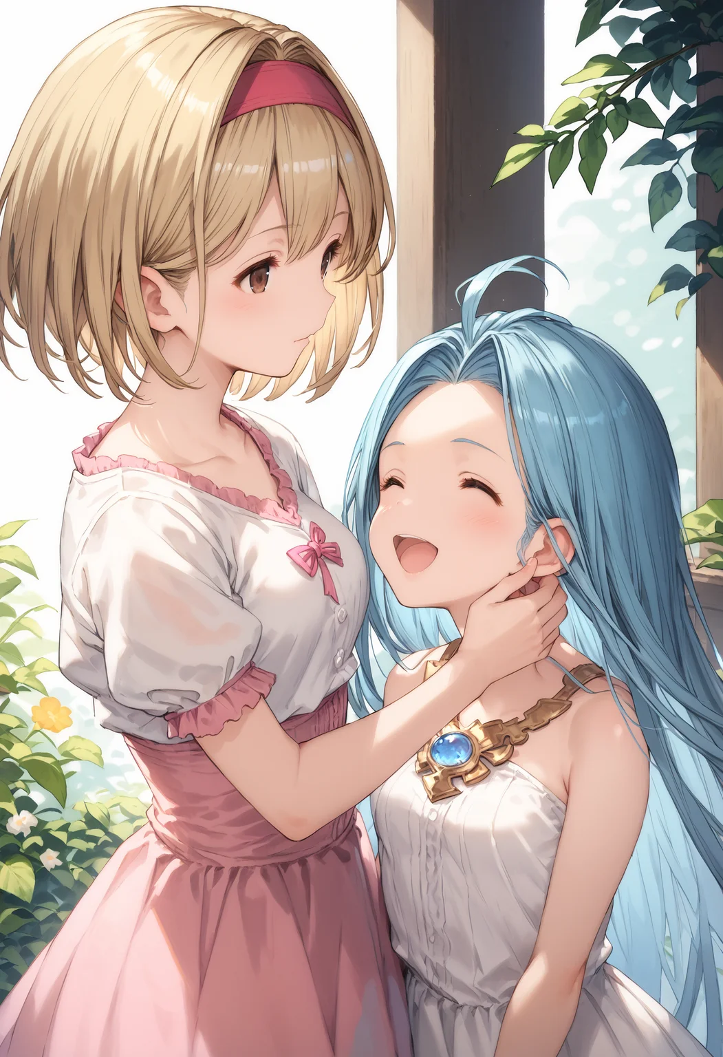 score_9, score_8_up, score_7_up, masterpiece, best quality, very aesthetic, absurdres,
2girls, yuri, happy, side-by-side, clear eyes,
lyria \(granblue fantasy\), very long hair, blue hair, medium breasts, skinny, body_slim, small breasts, white cami-dress, bare shoulders, strapless,
djeeta \(granblue fantasy\), (short hair:1.1), blonde hair:1.1, pink blouse, hairband, short sleeves,
<lora:JitaRuri-PonyV6:1> jitaruri,