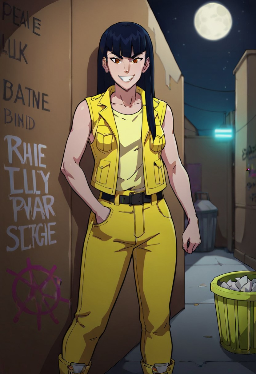 score_9,score_8_up,score_7_up,score_6_up, 
mmprtrini, 1girl, black hair, long hair, bangs, brown eyes, yellow vest, yellow shirt, sleeveless, belt, yellow shorts, yellow footwear, shoes, solo
BREAK, solo, upper body, close-up, face focus, looking at viewer standing, leaning, leaning against the wall, smirk, naughty face, hand inside pants pockets, mean look, rebel, dark alley, garbage, paper, trash cans, graffiti, torn posters, detailed background, night sky, stars, black sky, moon, moonlight, moon's ray, dim lights, cityscape