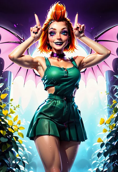 highres,score_9, score_8_up, score_7_up,, score_6_up, perfecteyes, naughty traditional art,rating_questionable, zPDXL, (((26years old))), (4k quality, masterpiece):1.4),( best quality:1.1), a demon,  blue eyes, cute face, freckles, h0rn pose long legs, full body shot, in overalls dress, green sports-bra, short skirt, lace choker, black lipstick, purple eyeshadow, eyeliner, runny mascara,  smile, transparent red wings,n30nw1ngs, neon light wings, 
two-tone  (copper, ginger)hair,  mohawk hair, muscular, curvy, sweaty skin, thighs
BREAK.
I'm an enchanted forest, oddly colorful mushroom, bright flowers, 
Break.
1ly4,
detailed skin, 8K, cinematic lighting, volumetric lighting, zPDXL, abv, 1dk, portrait, d3t41l3d, zPDXL2, perfecteyes,