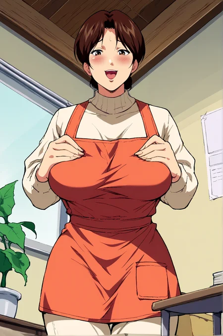 score_9, score_8_up, score_7_up,anime_source, source_anime, best background, detailed background, anime screencap, Mitsuko Shindo, Home Outfit, apron, naughty face, horny, blush, indoors, full body, hands on breasts, from below, <lora:JN_Mitsuko_Shindo:0.8>