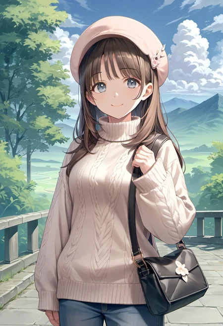score_9, score_8_up, score_7_up, source_anime, totooria helmold, long hair, brown hair, greyish-blue eyes, 1girl, solo, hat, outdoors, bag, smile, day, sky, sweater, cloud, tree, looking at viewer, mountain