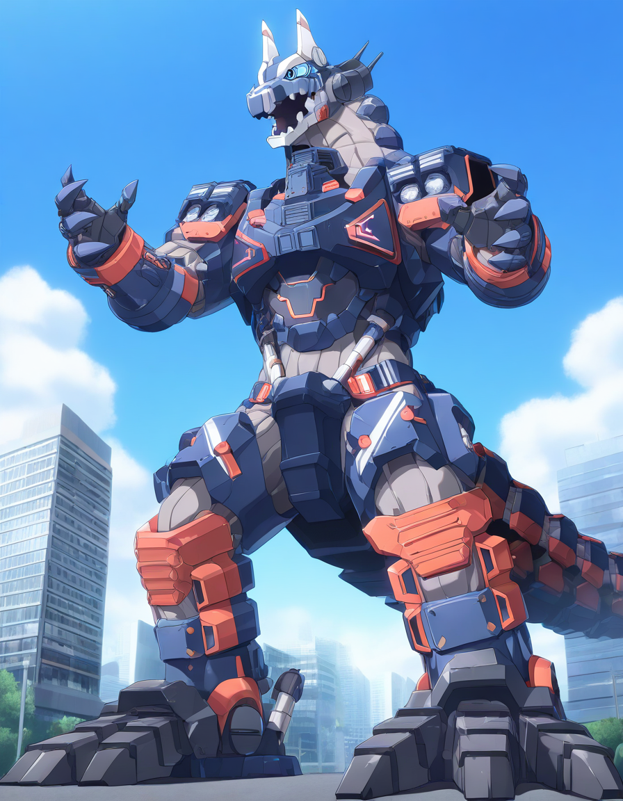 1boy, solo, dragon, robot, earthgaron, male, fighting stance, looking away, angry, [tail, feet, ringed eyes], 5 fingers, 3 toes, city, outdoors, detailed face, detailed eyes, [[kemono, cel shading]], anime screenshot, (masterpiece, best quality, very aesthetic, amazing quality), absurdres, highres
