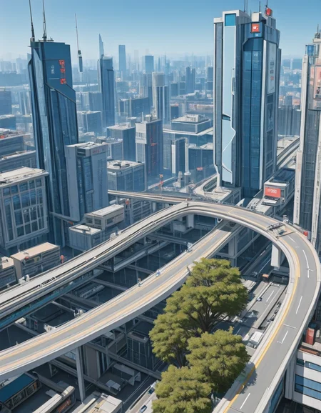 <lora:City_Worlds_01_Effects_illc:1> photo, citybkg,phot17, cyberpunk traffic, SE14, phot12, very far side view, impressive, low wall, huge tree, buildings under highway, futuristic, blue, shop, ground view, flying over cyberpunk metropolis, far above view