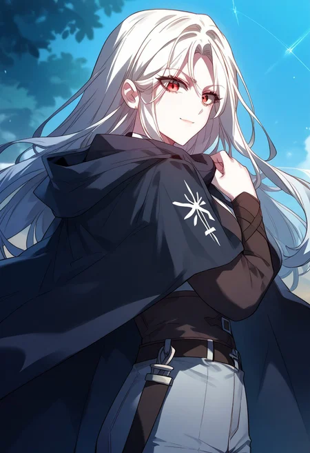 zPDXL3, score_9_up, score_8_up, score_7_up, (Anime_source), 1girl, Laila, red eyes, white hair, long hair, Laila clothes, pants, shirt, cape, belt, looking at viewer, smile, closed mouth, upper body, (looking back)