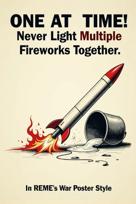 A vintage poster with a clear, simple illustration of a firework rocket lying horizontally on the ground next to a tipped-over bucket of water. Flames are subtly depicted near the rocket. Bold, black text on a white background warns: "ONE AT A TIME! Never Light Multiple Fireworks Together." Emphasize the potential for chaos and danger with multiple ignitions.  <lora:REMEs_War_Poster_Style:0.95> In REME's War Poster Style,âââ