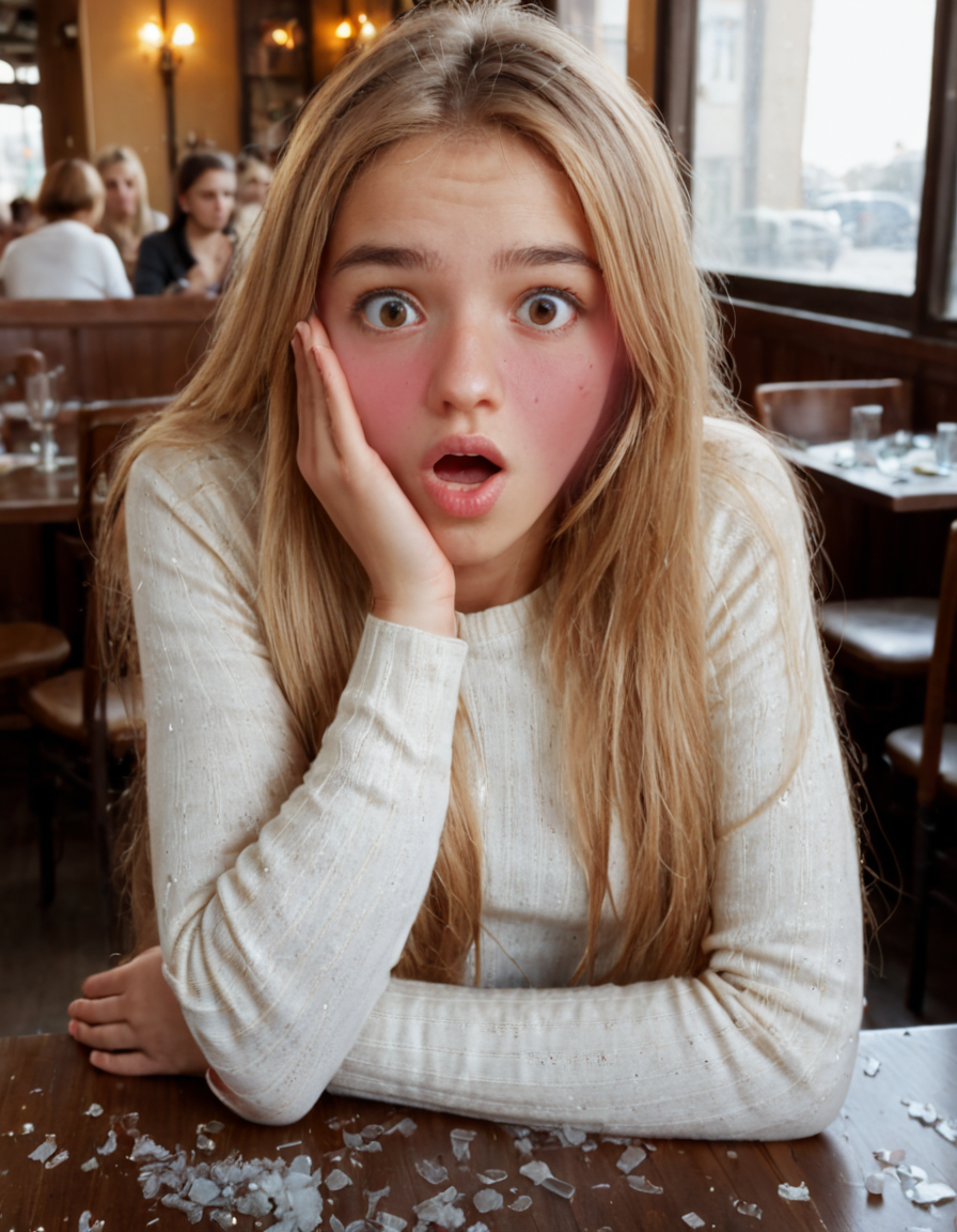 loemba, 
bluche, covche, a 25yo girl in a white sweater sitting on table (with broken glass all over the table:1.5), with blushing cheeks looking embarrassed and covering her cheek with her right hand
         in a crowded restaurant, necklace,  long blonde hair 
<lora:EmbarrassedBlushing:1>