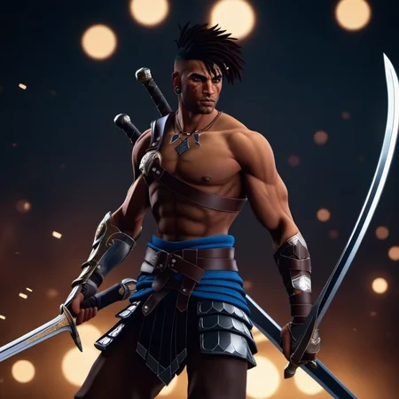 cinematic photo a warrior with two swords <lora:Prince1024:0.8> . 35mm photograph, film, bokeh, professional, 4k, highly detailed