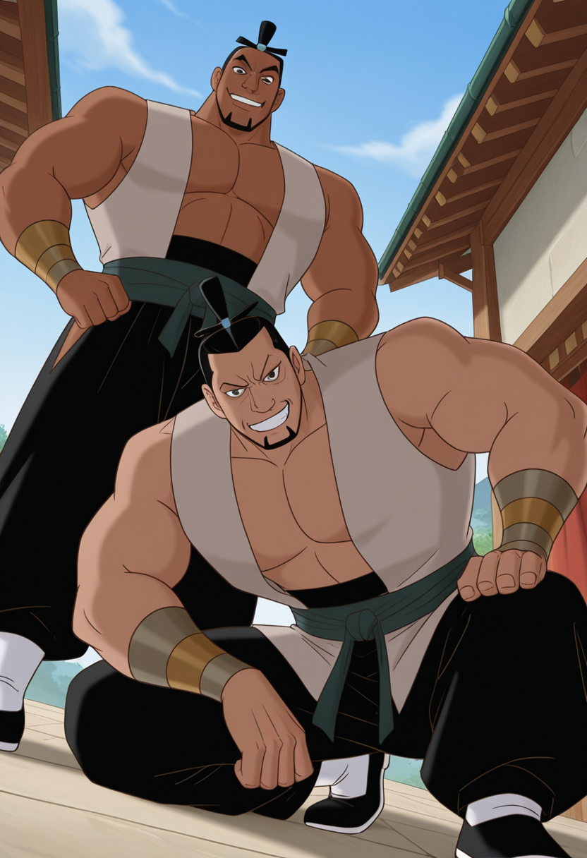 duo, 2boys, standing, outdoors, cowboy shot, evil grin, wiping mouth, looking down, from below, feet out of frame, on one knee,
BREAK
zhuangding, retro artstyle, mature male, muscular, large pectorals, pectoral cleavage, dark skin, black hair, short hair, topknot, hair ornament, goatee, black eyes,
BREAK
beige vest, chinese clothes, open vest, sleeveless vest, bracer, black pants, white legwear, black footwear, green belt,
BREAK
best quality, masterpiece, very aesthetic, absurdres, highest detailed, very awa, <lora:Henchmen_of_E5_from_The_Legend_Of_Nezha_v1.0:1>