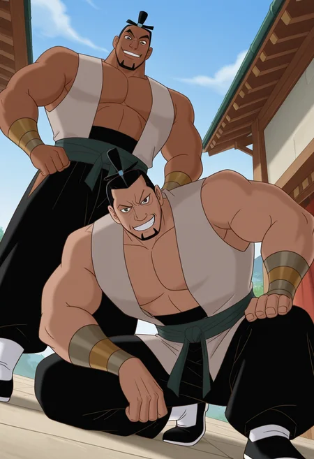 duo, 2boys, standing, outdoors, cowboy shot, evil grin, wiping mouth, looking down, from below, feet out of frame, on one knee,
BREAK
zhuangding, retro artstyle, mature male, muscular, large pectorals, pectoral cleavage, dark skin, black hair, short hair, topknot, hair ornament, goatee, black eyes,
BREAK
beige vest, chinese clothes, open vest, sleeveless vest, bracer, black pants, white legwear, black footwear, green belt,
BREAK
best quality, masterpiece, very aesthetic, absurdres, highest detailed, very awa, <lora:Henchmen_of_E5_from_The_Legend_Of_Nezha_v1.0:1>