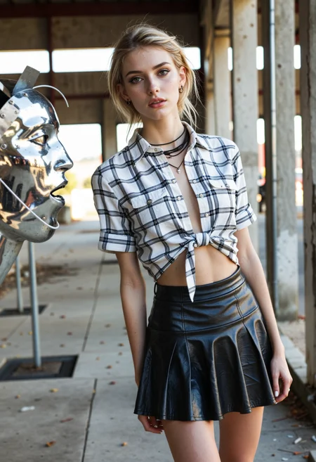 Lifestyle hip-level photograph showcasing the beauty of young skinny greek woman, 26yo, with intense hazel eyes and round lips performing an iconic walking motion. She has wild blonde hair and white emo-scene makeup and bold eyeliner, wearing short sleeves cotton tied flannel shirt with a cotton leather skirt with matching earrings and necklace. Set in front of a reflective metal sculpture that captures the light, on a sunny sunrise in autumn. With natural high key lighting, shallow depth of field, best quality <lora:dmd2_sdxl_4step_lora>