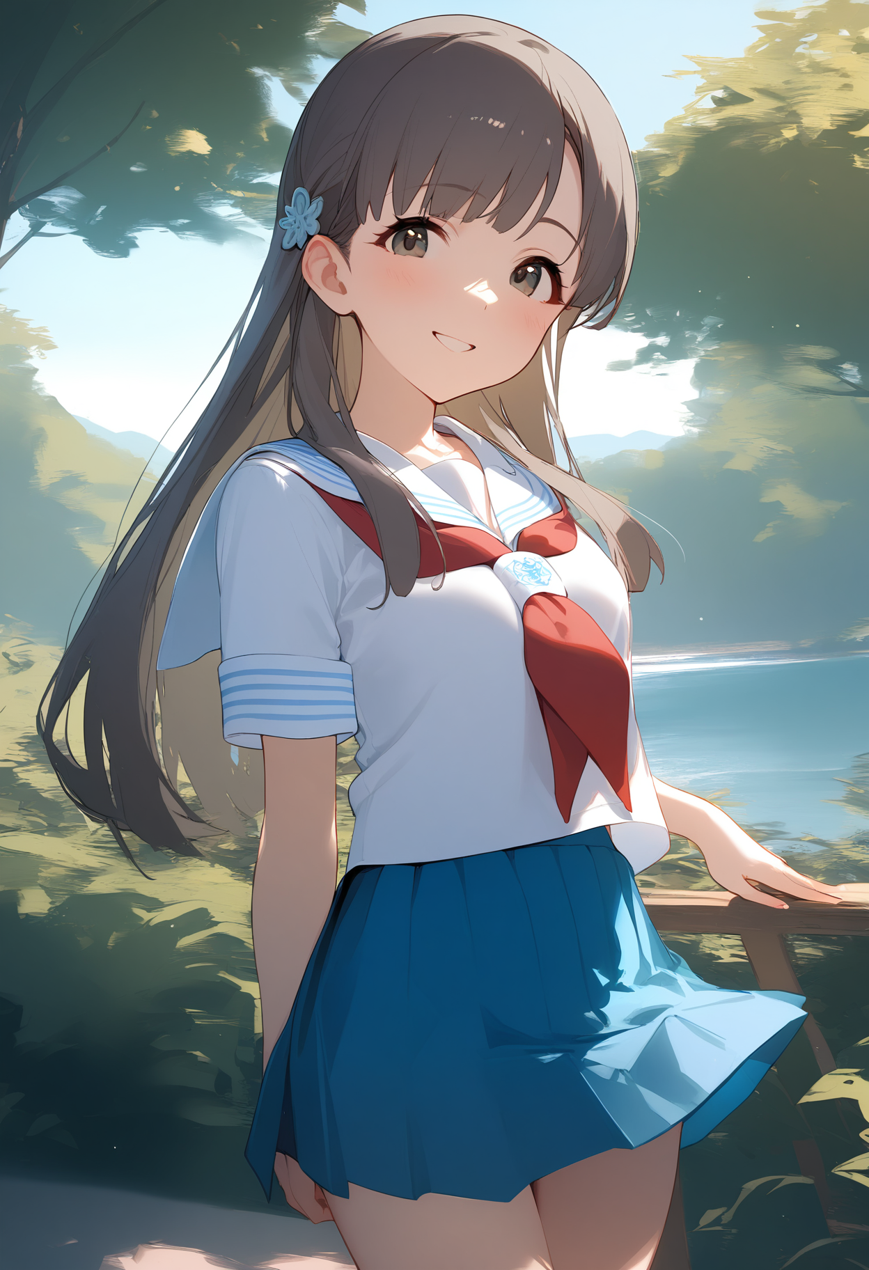 1girl,kobayakawa sae,looking at viewer,red neckerchief,solo,blush,pleated skirt,serafuku,sailor collar,short sleeves,white shirt,blue skirt,smile,outdoors,standing,<lora:a31_char_new_kobayakawa_sae:1>masterpiece, best quality, absurdres<lora:a31_style_koni-000010:0.8>