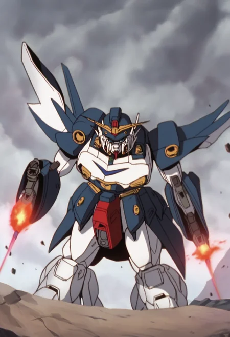 score_9, score_8_up, score_7_up, anime screencap, sksgw, retro artstyle BREAK,
mecha, gundam, no humans, black armor, blue eyes, science fiction, fire, laser canon beam, war, conflict, solo, destroyed city background   <lora:GundamWingXLLocon_byKonan:1>