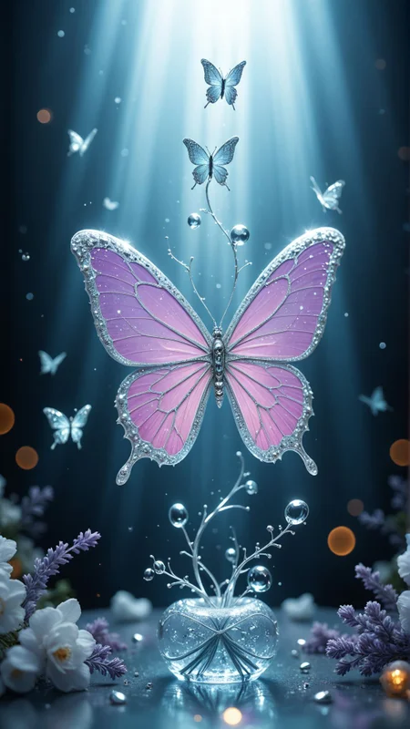 Butterfly with light base and foam, rendered in cinema4d style, dreamy and Romantic, Ray Tracing, Ice blue and silver white, Brandon Werfel, delicate materials, ethereal and dreamy, luminous, Translucent colors, Lavender and Pale Gold, Crystal Butterfly wallpaper China HD wallpaper iPhone14, rendered in cinema4d style, Metallic ethereal, highest quality, 8k, <lora:xl_more_art-full_v1>
, aidmafluxpro1.1 <lora:aidmaFLuxPro1.1_v0.3_IL:0.7>