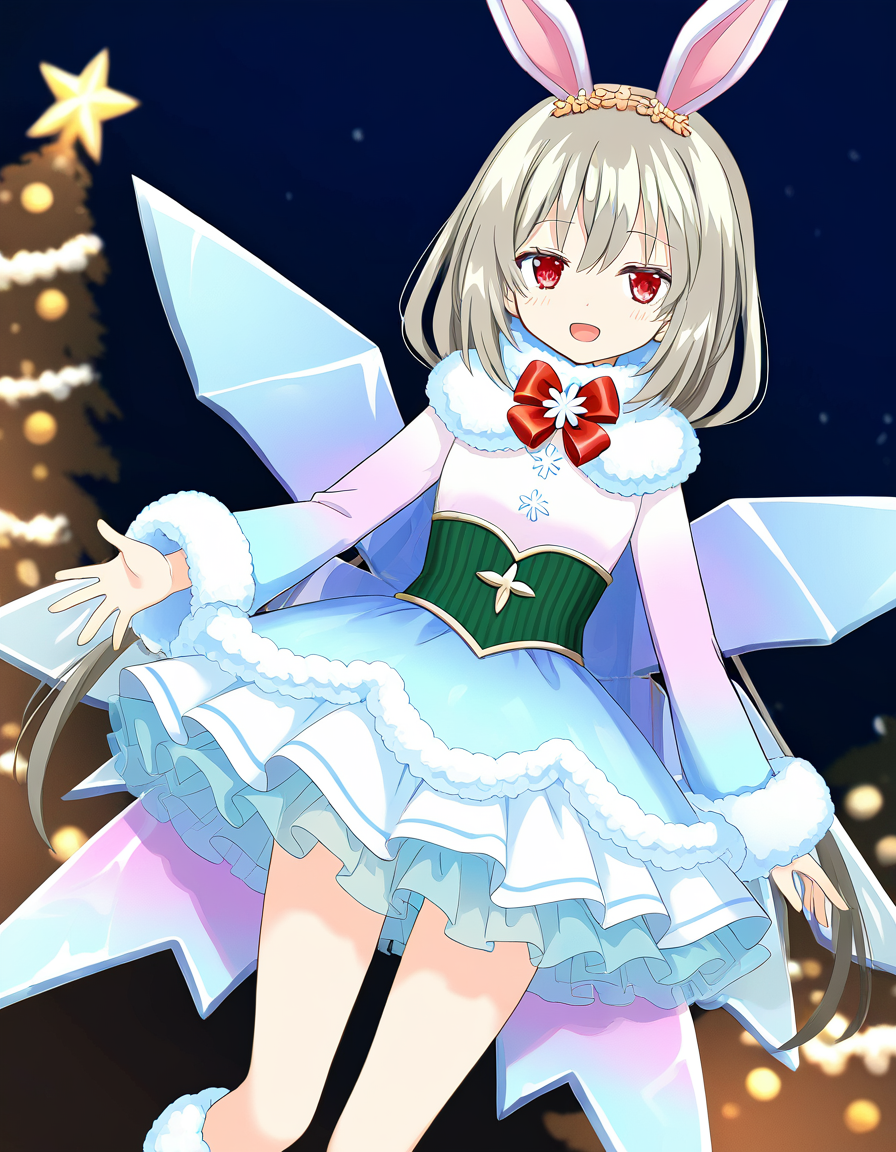 masterpiece, best quality, newest, absurdres, highres, safe, 1girl, irina kushu \(christmas costume\), magia record: mahou shoujo madoka magica gaiden, smile, open mouth, wings, solo, night, outdoors, dutch angle, <lora:irina_kushu_noobaiXLNAIXL_vPred10Version:0.7>