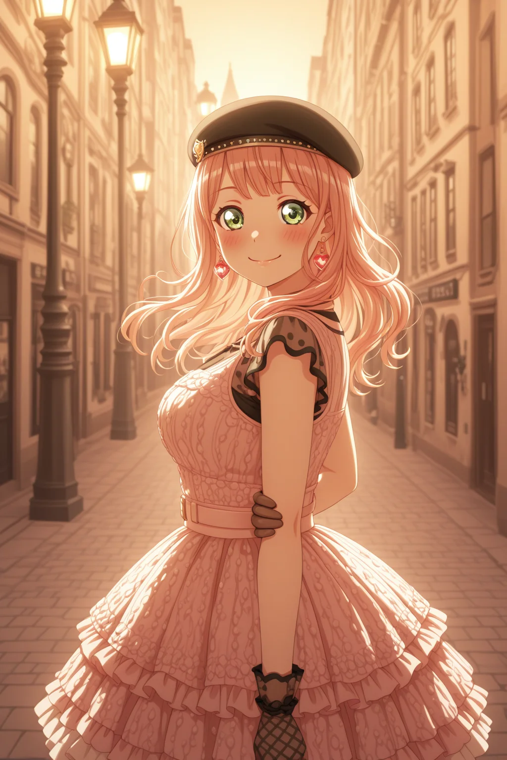 masterpiece, best quality, amazing quality, 1girl, solo, makeup, general, looking at viewer, cowboy shot, blush, smile, playful pose, european street, lamppost, from side, <lora:Uehara_Himari_Ban_Dori:1>, Uehara_Himari_Ban_Dori, green eyes, pink hair, long hair, breasts, pink dress, frilled dress, layered skirt, beret, heart jewelry, lace details, gloves, elegant yet cute fashion, <lora:wai-2Rectified-V140:1>, <lora:illustrious_noobai_epsilon_pred_1_masterpieces_v1:1>