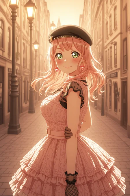 masterpiece, best quality, amazing quality, 1girl, solo, makeup, general, looking at viewer, cowboy shot, blush, smile, playful pose, european street, lamppost, from side, <lora:Uehara_Himari_Ban_Dori:1>, Uehara_Himari_Ban_Dori, green eyes, pink hair, long hair, breasts, pink dress, frilled dress, layered skirt, beret, heart jewelry, lace details, gloves, elegant yet cute fashion, <lora:wai-2Rectified-V140:1>, <lora:illustrious_noobai_epsilon_pred_1_masterpieces_v1:1>