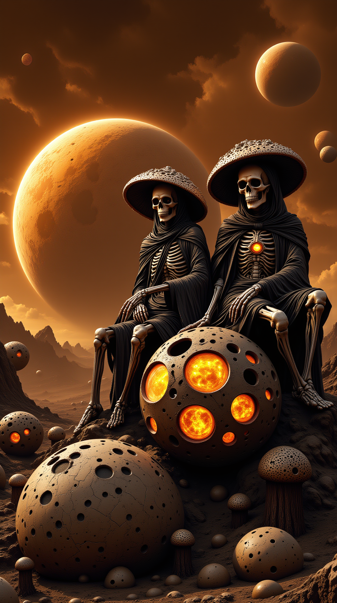A surreal alien landscape with two skeletal figures sitting atop cracked, glowing orbs covered in strange organic textures. The sky is filled with swirling, otherworldly hues of orange and brown, with distant planets visible. The skeletons wear mushroom-like growths on their heads and cloaks, blending eerily with the alien environment, evoking a hauntingly mystical, sci-fi vibe.