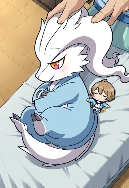 moe, cute,masterpiece, super fine illustration, best quality, light particles, ultra-detailed, 8K wallpaper,romantic,
indoors,from above, bed,on bed,on side,lying,looking_at_another,group,1boy, 1girl,romantic couple,duo,comforter, 
interspecies,hug,holding ,blush, size difference, 
BREAK,
1boy,human,((chibi human:2.0)),blue onesie,short hair, closed eyes,sleeping, finger suck,closed mouth,
BREAK,
zuppu11,1girl,furry,pokemon,pokemon \(creature\),ReshiXL,reshiram,(dragon,furred dragon,scalie,mythological scalie, feral,feral dragon),claws,mother,half-closed eyes,hand on another's head, smile,