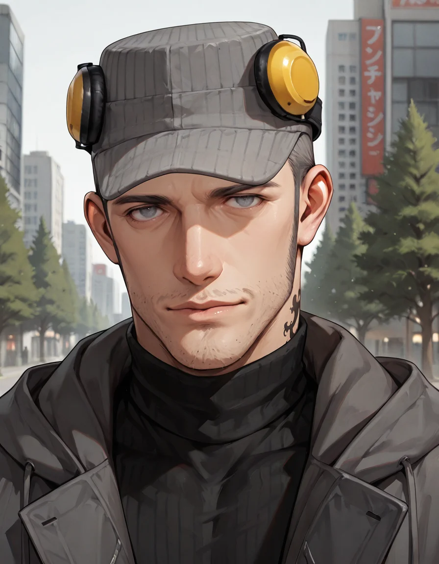 masterpiece, best quality, absurdres, newest, perfect quality, best quality, absolutely eye-catching, detailed background, intricate details, realistic, male focus, solo, <lora:Persona 5 - Munehisa Iwai - Illustrious_1:0.8>, m_iwai, 1boy, mature male, grey hair, grey eyes, long sideburns, stubble, neck tattoo, pinstripe hat, ear protection, grey long coat, black turtleneck, hood down, head tilt, come hither, looking at viewer, outdoors, city, trees, portrait, standing